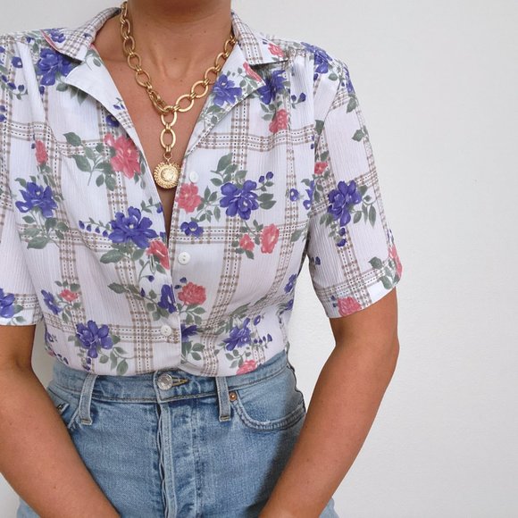 Vintage Tops - 90s Pastel Floral Picnic Plaid Short Sleeve Blouse